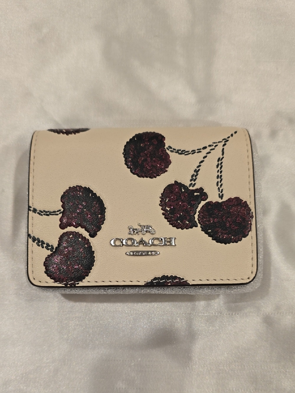Coach Mini Wallet On A Chain Sequined Cherry Print Crossbody Smooth Leather